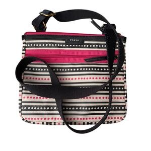 Fossil Crossbody Purse Pink‎ Ivory Black Striped Coated Canvas Slim Leather Trim